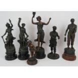 Six antique French Spelter figures, some cold painted. Tallest 46cm. Condition report: Tallest has