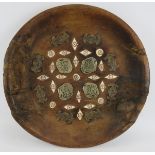 A large Indo-Persian carved wood offering or rice bowl with inlaid bone and applied brass