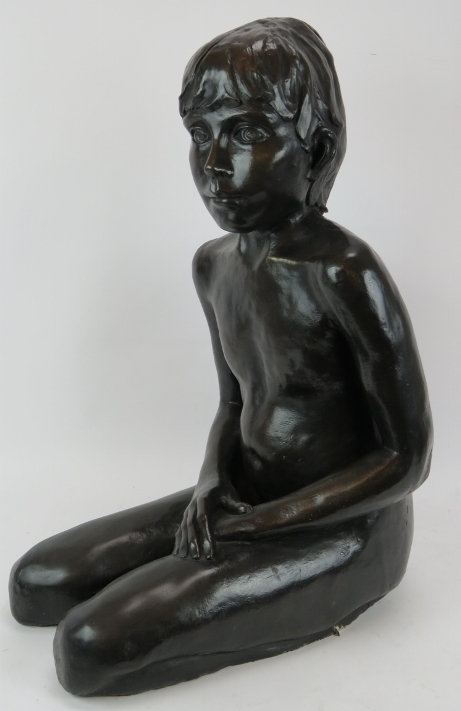 A large bronzed figure of a crouching child, almost life-sized, unsigned. Height 63cm. Condition - Image 2 of 3
