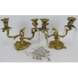 A pair of 19th century gilt grass Rococo candelabra with glass lustre drops. Height 21cm. (pr).