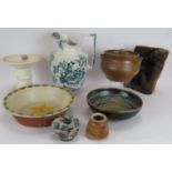 A mixed lot of ceramics including a Rushbrooke ham stand, Edwardian toilet jug, bowls and a wooden