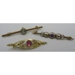 Three 9ct gold bar brooches set with pearls, amethyst & aquamarine. Weight approx 6.4 grams.