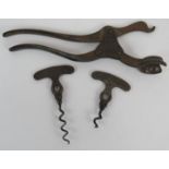 A late 19th century Lund Patent Lever corkscrew with spare screw (broken). Some copper plating