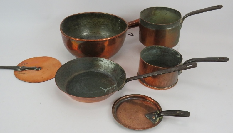 A collection of antique kitchen ware including four copper pans, a half pint measure, an early egg - Image 2 of 7