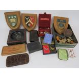 A lot of mixed collectables including two cigar cases, three armorial plaques, two sets of WD & HO