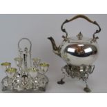 A late Victorian silver plated spirit kettle by Martin Hall & Co and a six piece silver plated egg