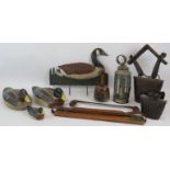 A mixed lot of country related items including 3 decoy style ducks, two antique cowbells, a Mason'