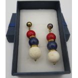 A pair of red & white coral with lapis lazuli bead earrings, post back (no clips), 40mm length,