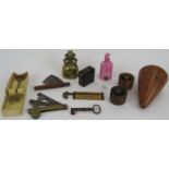 Mixed collectables including two fleams, a Berry's Patent Vesta, two treen Codd bottle openers, a