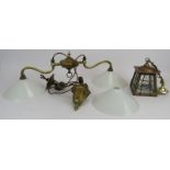 A period two arm rise and fall ceiling light with opaline shades (+ 1 spare) and a brass Arts &