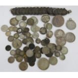 A mixed lot of mainly British silver coins George IV - George VI plus a San Marino coin bracelet.