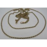 A 9ct gold chain, approx 69" long, marked 9ct to inside of clasp. Weight approx 28 grams.