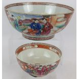 A large 18th century Chinese porcelain bowl decorated in coloured enamels depicting Chinese