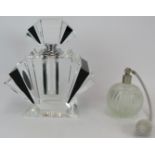 An oversized Art Deco style glass scent bottle with screw stopper, height 23cm, and a smaller bulb