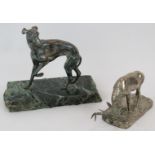 A silver plated figure of a whippet after P.J. Mene, mounted on a green marble plinth, height 15.5cm