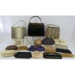 A collection of 20 vintage handbags and purses, including two snakeskin handbags, beaded and