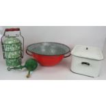 A vintage white enamel bread bin and lid, a large red enamel bowl, a three part hot food pail and