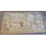 A large contemporary machine woven Flemish tapestry depicting medieval scenes, mounted on a steel