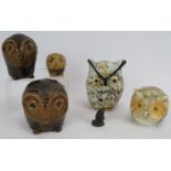 Three 1970s Hastings Pottery owls, an Italian alabaster owl, Murano glass style owl and a
