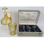 A 1950s boxed set of the Moser Club's physiognomical miniature snifter glasses, a Bohemian amber