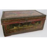 A fine quality Chinese export painted leather trunk, 18th century and later. Hand decorated panels