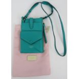 A turquoise leather Radley card/phone holder shoulder bag with multiple pockets. Original dust