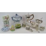 A mixed lot of silver plated wares and ceramics including an early Beswick Jeremy Fisher figure,