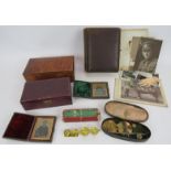 A mixed lot of collectables including two 19th century cased photo portraits, two trinket boxes, a