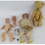 A small selection of mixed antique doll parts including five heads, 4 marked, plus a small jointed