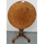 A fine early 19th century circular tilt top table with solid burr walnut top, on a mahogany tripod