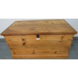 A 19th century pine flat top trunk, with cast iron handles to either side and lock escutcheon, on