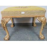 A Georgian style dressing stool with tapestry seat, on acanthus carved cabriole supports with claw