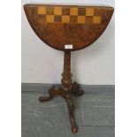 A 19th century burr walnut oval drop-leaf chess table, with parquetry inlaid chessboard in