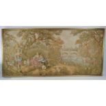 A large framed Flemish style tapestry depicting an 18th century scene. Machine made. 155cm x 73cm.