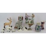 Three continental porcelain figures including a pair of Sitzendorf figures, a Beswick stag and