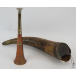 A copper and silver plated hunting horn stamped 'R. S Essex' with maker's mark 'SC' and an antique