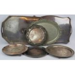 Two large silver plated gallery trays, three salvers and two smaller trays. Largest 63cm x 40cm. (