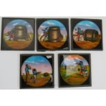 A set of five 19th Century magic lantern slides depicting the story 'The tiger and the tub'. Each