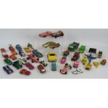 A collection of vintage Dinky, Corgi and Matchbox Die Cast cars including Thunderbirds FAB1, James