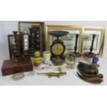 A lot of mixed collectables including coins, share certificates, pot lids, opium pipe, cow horns,