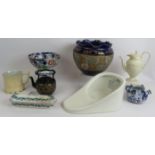 A Doulton & Slaters stoneware jardinière, a slipper bed pan, Wedgwood creamware coffee pot,