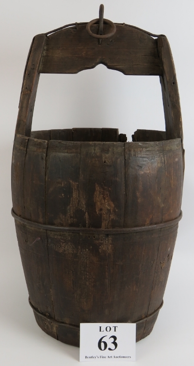 A large vintage coopered pail or well bucket with steel mounts. Height 63cm. Condition report: