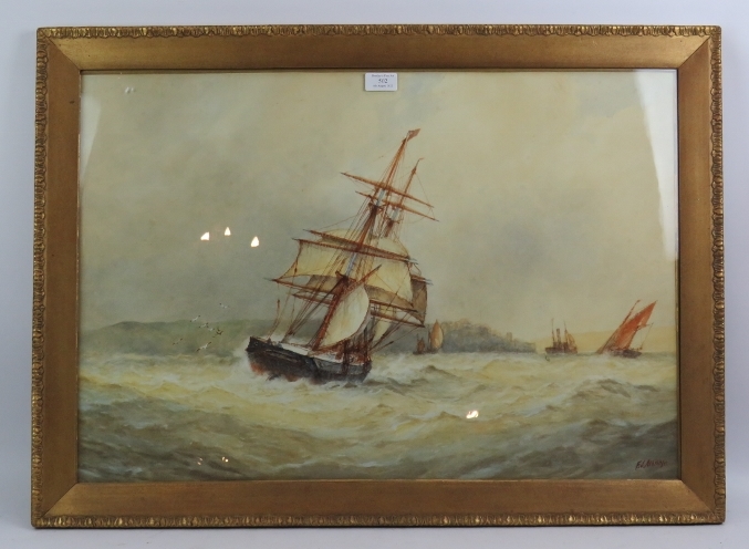 Frederick James Aldridge (1850-1933) - 'Seascape with various boats and coastline', watercolour,
