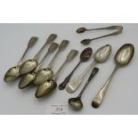 A set of five Georgian silver teaspoons, London 1825, three other silver spoons, silver sugar