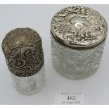 A hobnail cut glass silver topped scent bottle with inner stopper and a silver top jar, Birmingham