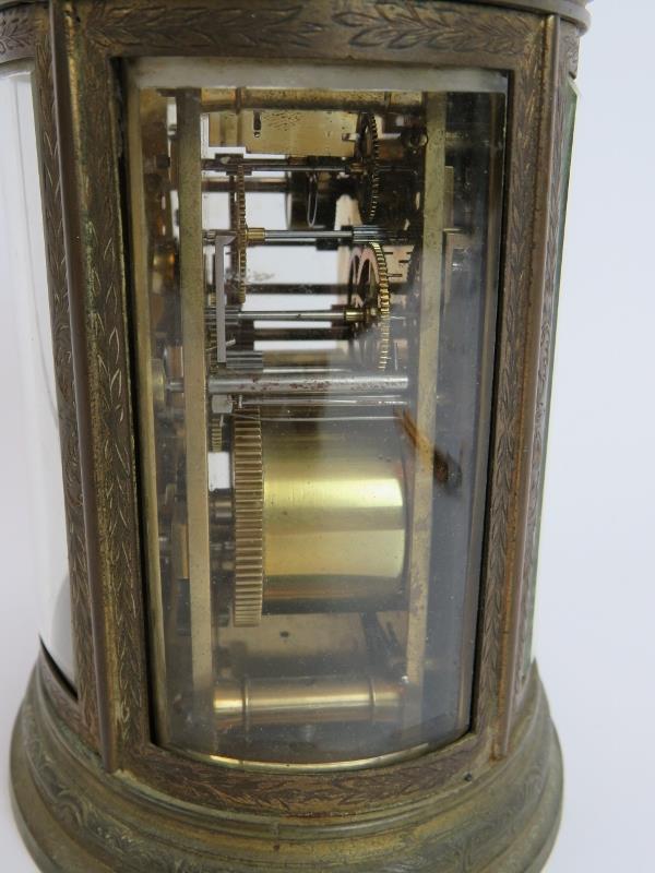 A good quality 19th century gilt brass repeater carriage alarm clock in ovoid engraved case. No - Image 7 of 7