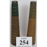 Two vintage wooden loom textile spools each with steel mounts. Length 28cm. (2). Condition report: