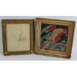 A small Georgian tapestry of a parrot, signed S. Groves 1817 and a sketch of a young child, both