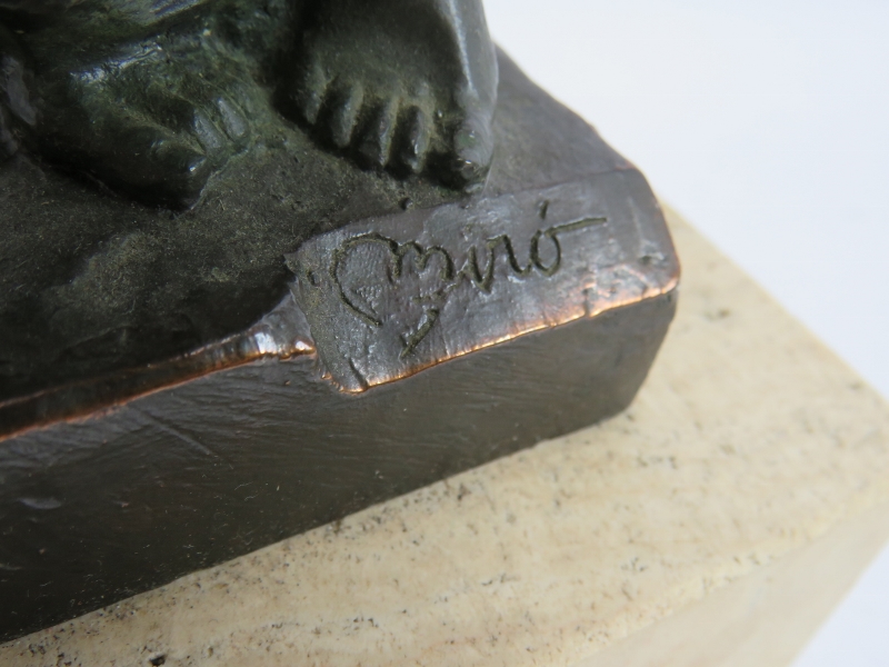 A contemporary bronzed sculpture of a woman at a window mounted on a stone plinth. Signed Miro, - Image 5 of 5