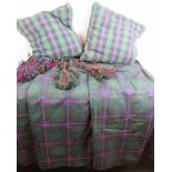 Three pairs of green plaid tartan lined curtains, each curtain 130cm long, 220cm wide, plus two